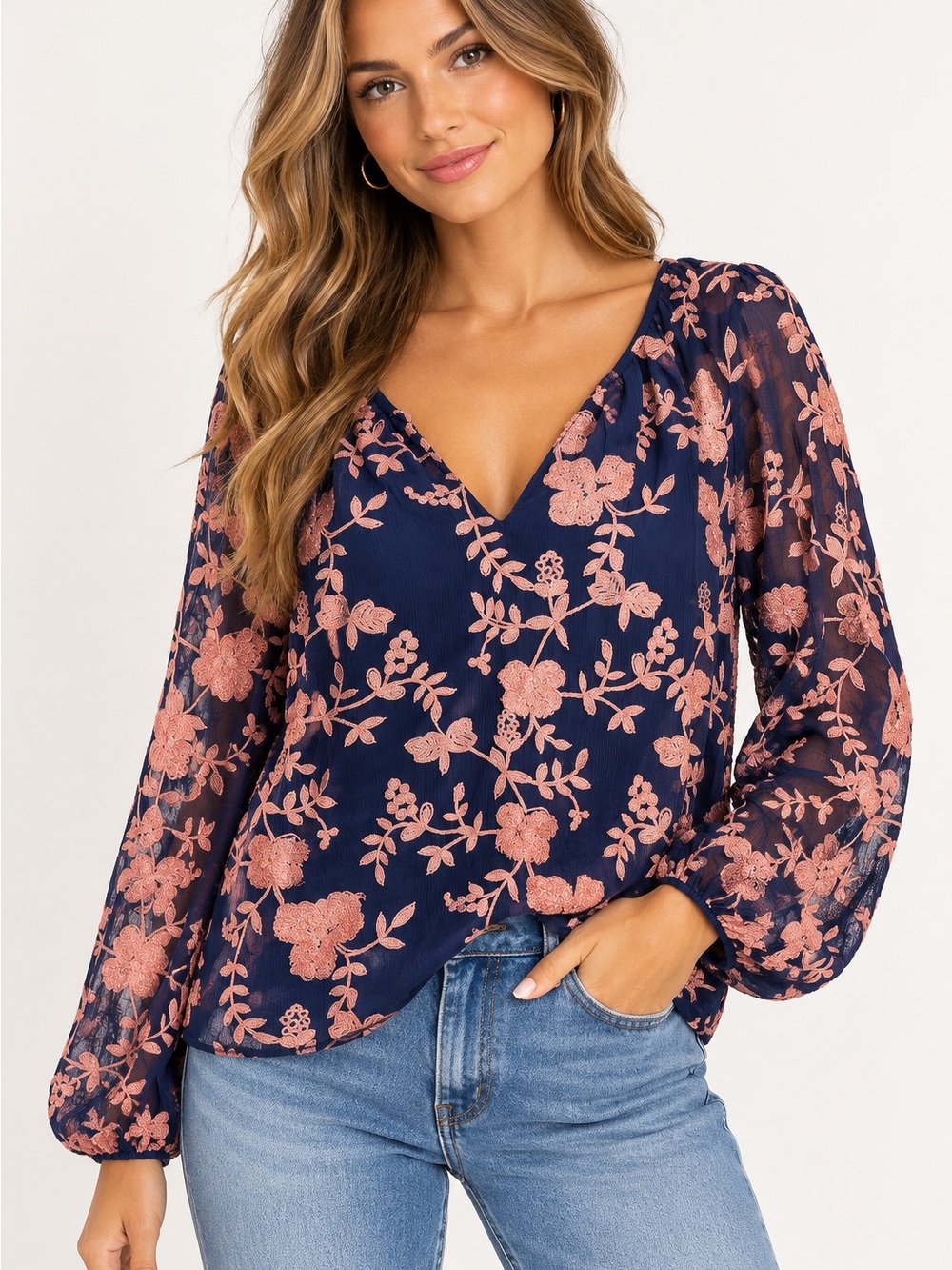 Anthropologie Sunday in Brooklyn Navy Floral V-Neck Blouse with Pink Embroidery